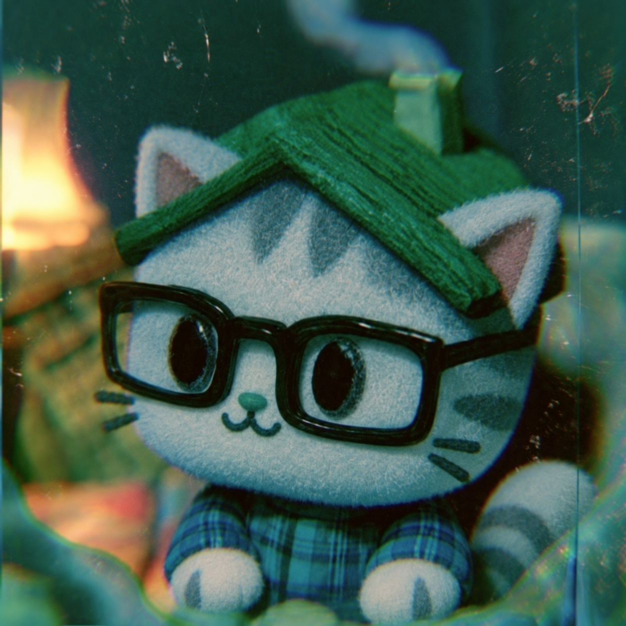 Pozzy, a fluffy gray cat wearing black glasses and a green rooftop hat